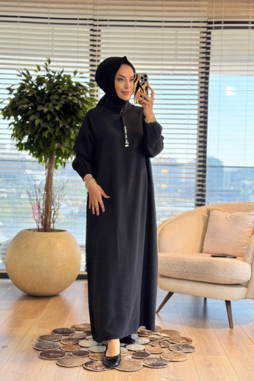 S5935 Dik Yaka Ferah Elbise Siyah