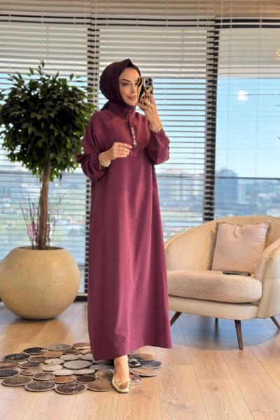 S5935 Dik Yaka Ferah Elbise Bordo