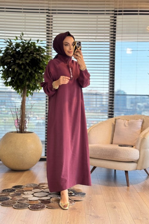 S5935 Dik Yaka Ferah Elbise Bordo