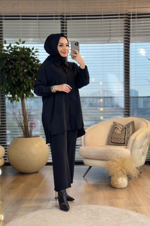 W5940 Gömlek Arkası Kırışık Tencel Takım Siyah