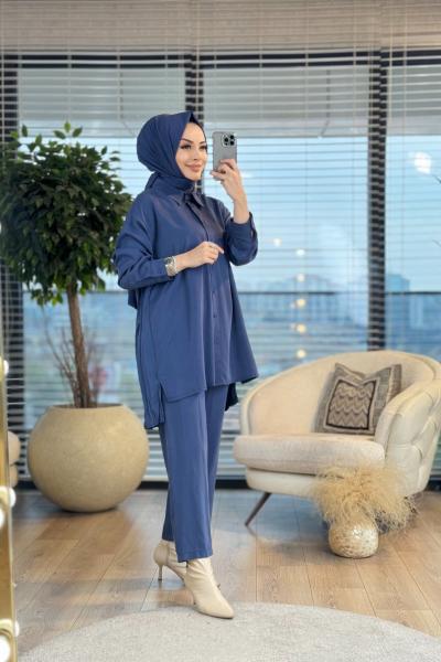 W5940 Gömlek Arkası Kırışık Tencel Takım Lacivert