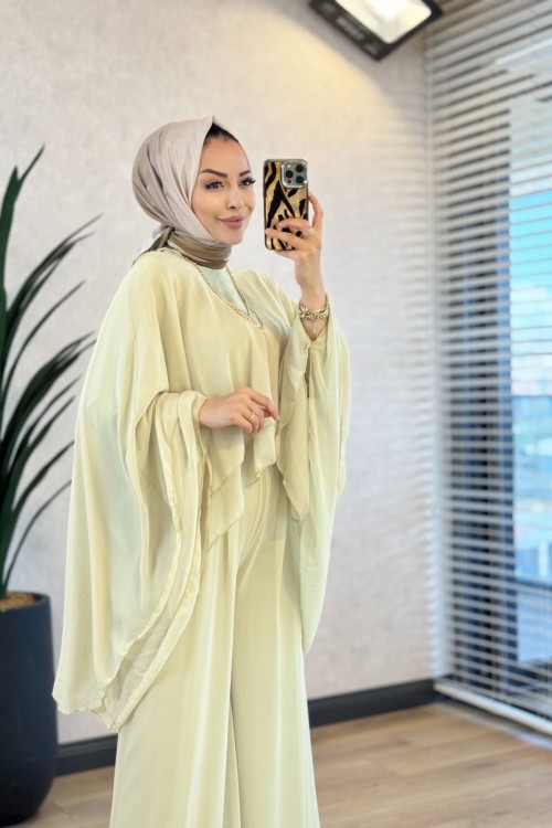 Y-2414 Stella Şifon Pantolonlu Takım Çağla