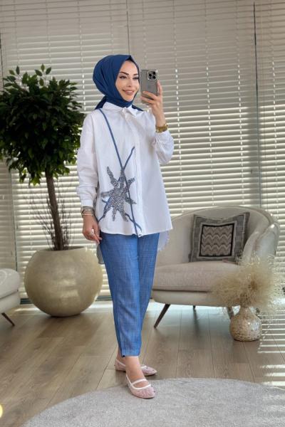 Z690 Ön Pul Yıldız Nakışlı Takım Ekru Mavi