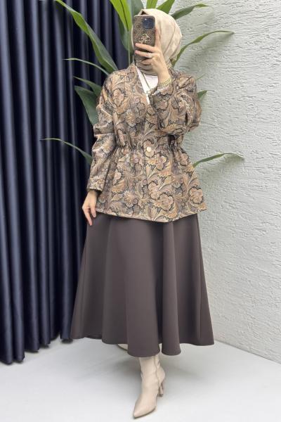 Etnik Etekli Takım Tesettür Giyim Kahve