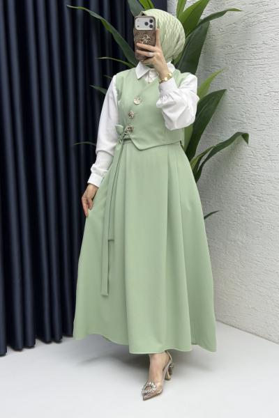 Lalezar Etekli Takım Tesettür Giyim  Çağla Yeşil