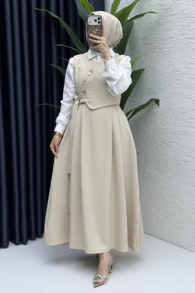 Lalezar Etekli Takım Tesettür Giyim  Taş Rengi