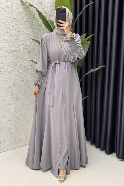 Mihra Abaya Takım Tesettür Giyim Gri