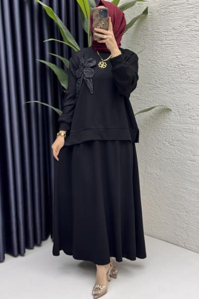 Simla Etekli Takım Tesettür Giyim  Siyah