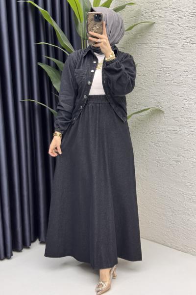 Yasemen Kot Etekli Takım Tesettür Giyim  Siyah