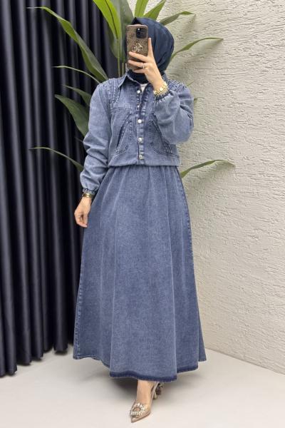 Yasemen Kot Etekli Takım Tesettür Giyim  Koyu Mavi