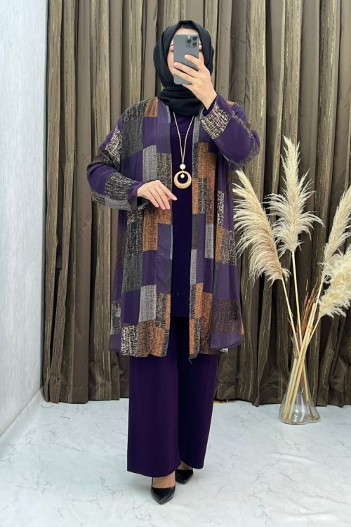 3297 Halime 3 Lü Takım Mor