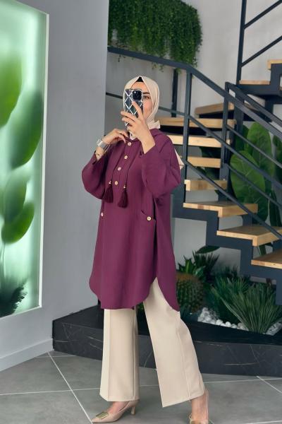 Bağcık Detaylı Panço Tunik-Bordo