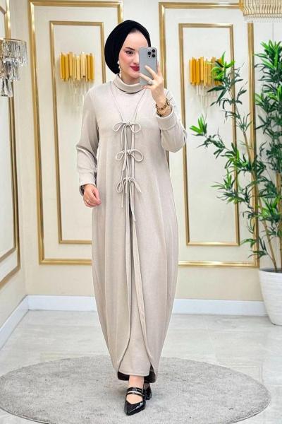 Balıkçı Yaka Melek Hırkalı Elbise İkili Takım - Bej