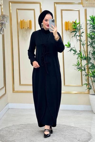 Balıkçı Yaka Melek Hırkalı Elbise İkili Takım - Siyah