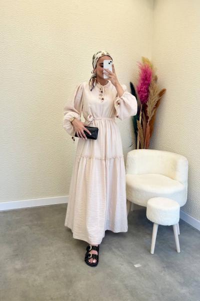 Boncuk Detaylı Pamuklu Soft Keten Kumaş Nisra Elbise- Bej 