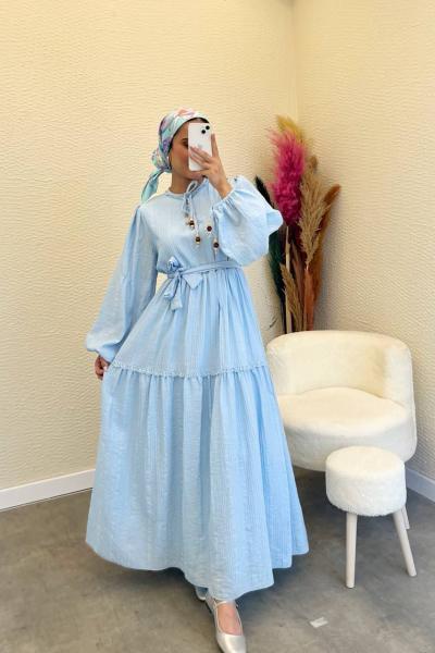 Boncuk Detaylı Pamuklu Soft Keten Kumaş Nisra Elbise- Bebe Mavi