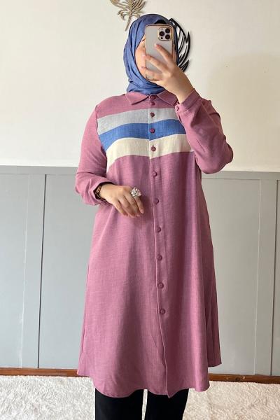 Çizgili Melenie Keten Tunik Gül