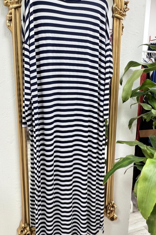Çizgili Penye Elbise-Lacivert 
