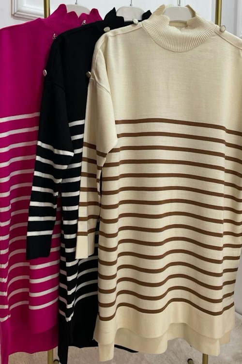 Çizgili Triko Tunik Bej