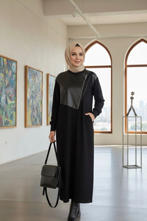 Deri Parça Detaylı Fermuarlı Elbise - Siyah 
