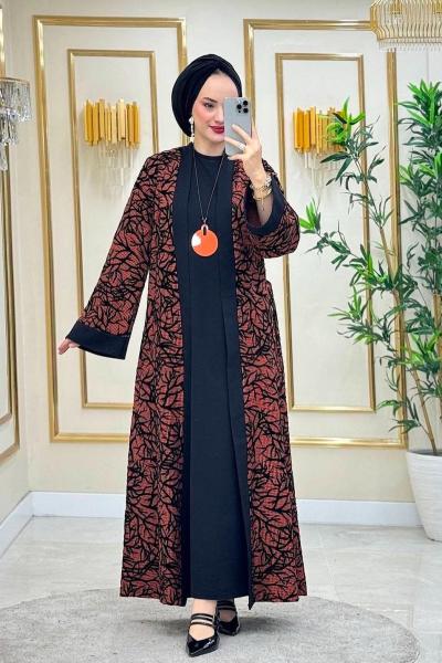 Floklu Kolyeli Abaya Harem Takım - Kahve