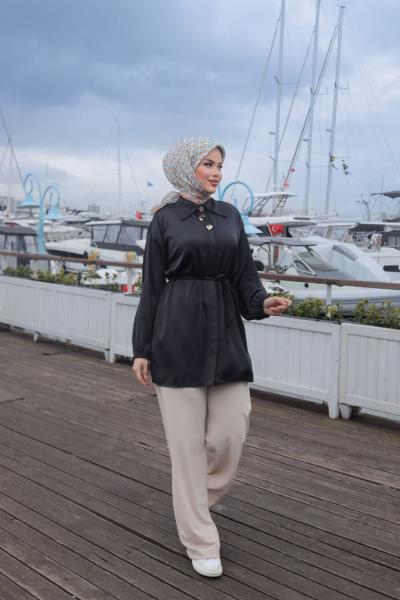 Gold Düğmeli Belden Bağcıklı Saten Gömlek Tunik Siyah