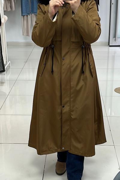 İçi Kürklü Ara Boy Mont - Taba 