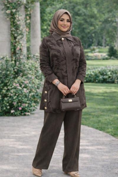 İpek Cupra Kumaş Belinay Ceketli İkili Takım-Kahve