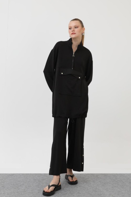 Tilbe Kanguru Cepli Pantolon Paçası Çıtçıtlı  Modal Kumaş Takım Siyah