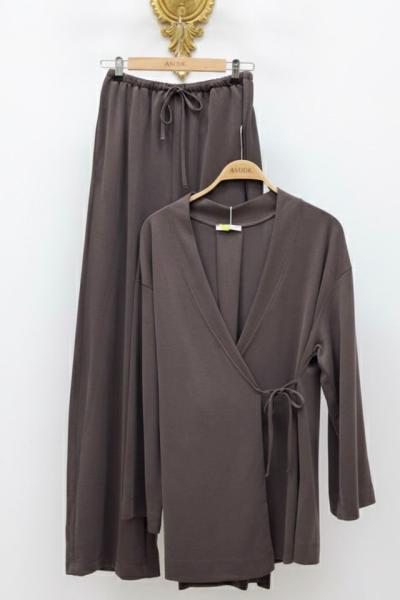 Kruvaze Bağlamalı Kimonolu Suave Takım-Kahve