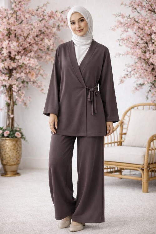 Kruvaze Bağlamalı Kimonolu Suave Takım-Kahve