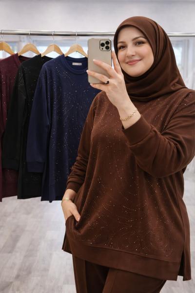 Lora Taşlı Takım - Kahverengi