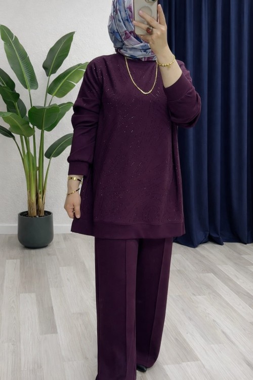 Lora Taşlı Takım - Mürdüm