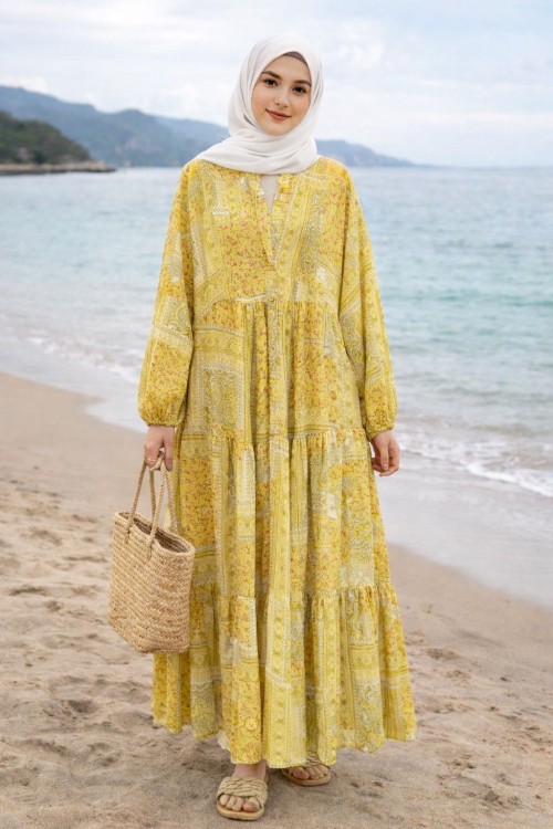 Mango Modal Kumaş Etnik Elbise-Sarı