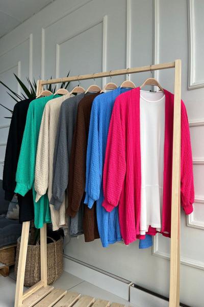 Manyas Gofre Kumaş Kimono Takım- Acı Kahve