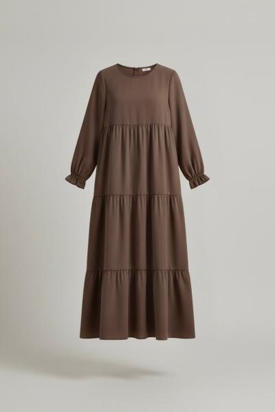 Medine İpeği Kat Kat Elbise - Kahve