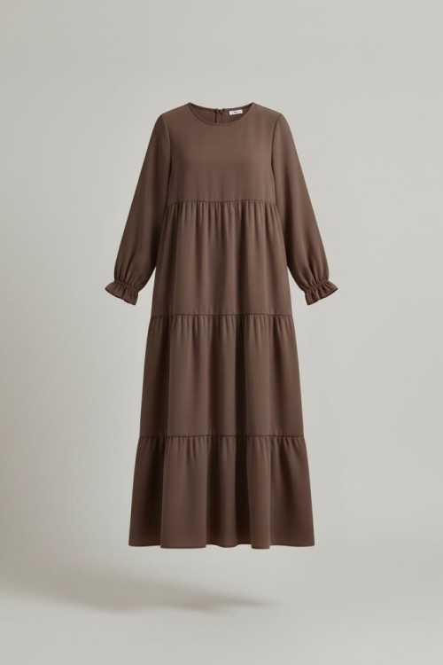 Medine İpeği Kat Kat Elbise - Kahve