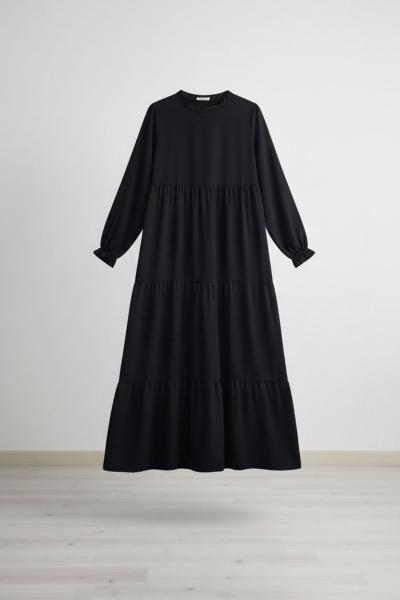 Medine İpeği Kat Kat Elbise - Siyah