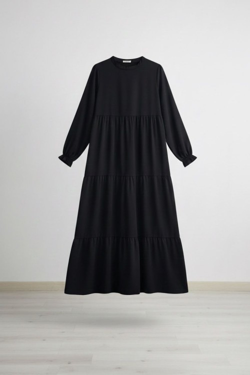 Medine İpeği Kat Kat Elbise - Siyah