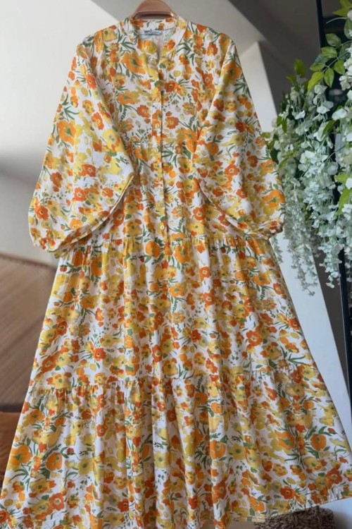 Modal Kumaş Papatya Elbise-Sarı
