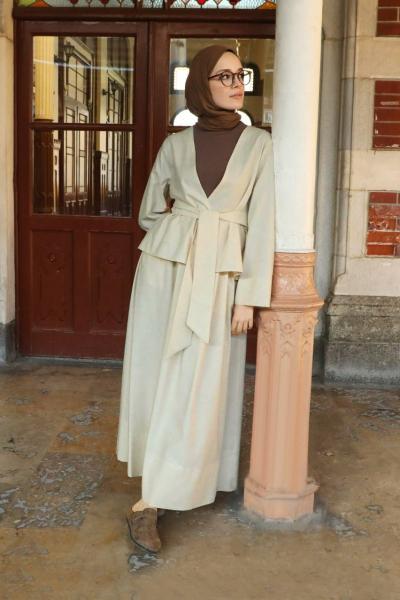 Naturel Keten Kimonolu Etekli Takım-Ekru