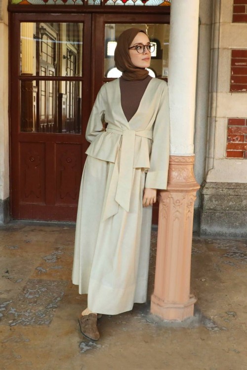 Naturel Keten Kimonolu Etekli Takım-Ekru