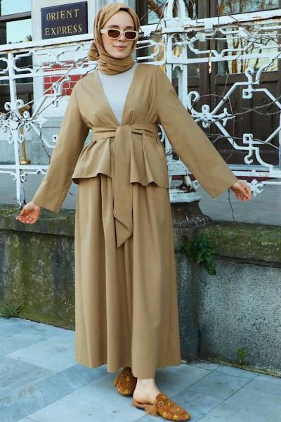 Naturel Keten Kimonolu Etekli Takım-Kahve