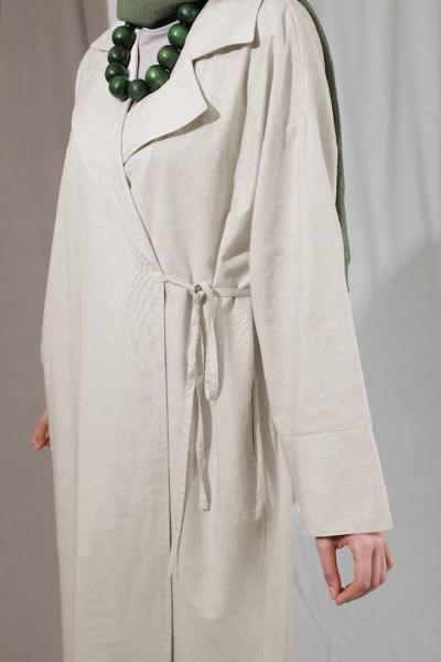 Naturel Keten Yandan Bağlamalı Trenç Kimono Ferace-Ekru