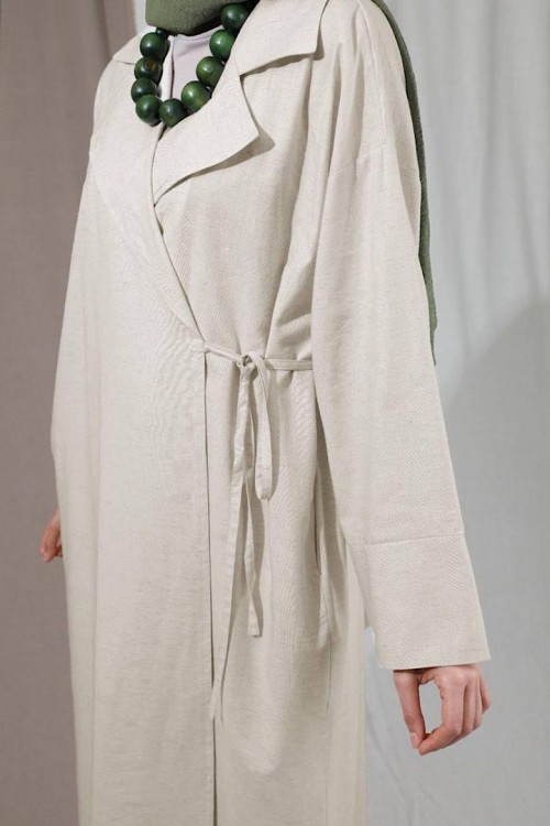 Naturel Keten Yandan Bağlamalı Trenç Kimono Ferace-Ekru