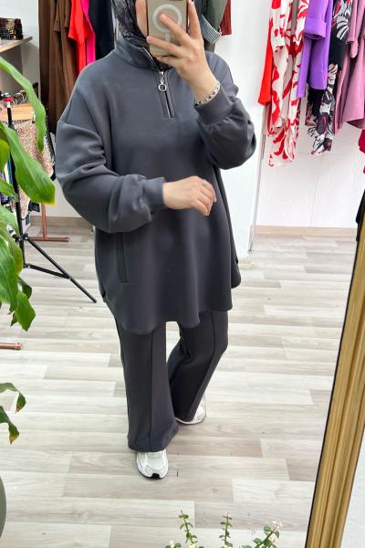 Ön Fermuar Detaylı Oysh Kumaş Takım Gri