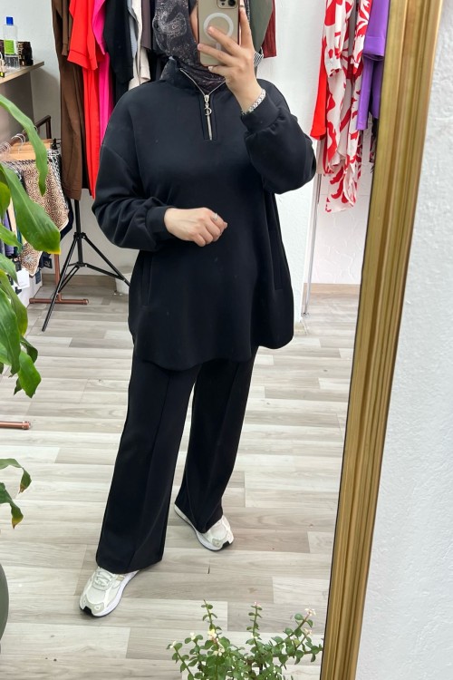 Ön Fermuar Detaylı Oysh Kumaş Takım Siyah