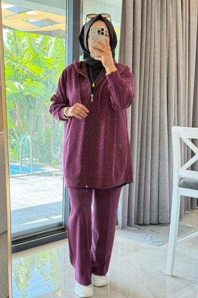 Oysh Kumaş Serpme Taş Detaylı Fulya Takım - Bordo