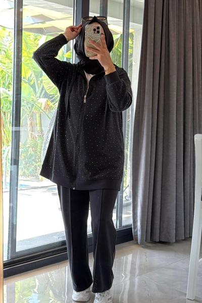 Oysh Kumaş Serpme Taş Detaylı Fulya Takım - Siyah