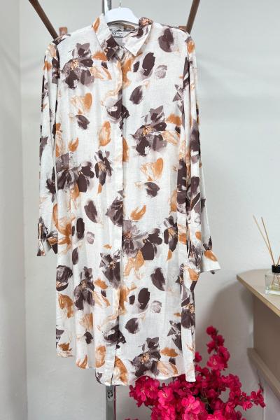 Pamuk Viskon Gömlek Tunik - Kahve Çiçekli